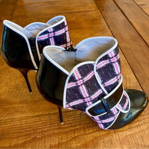 Sophia Webster Plaid Patent Leather High Heel Ankle Boots Black Pink Size EU 39 - Picture 5 of 16